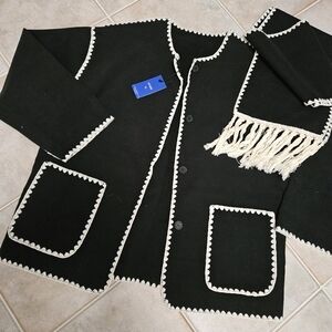 Black Coat with Fringe Detail Scarf - NWT